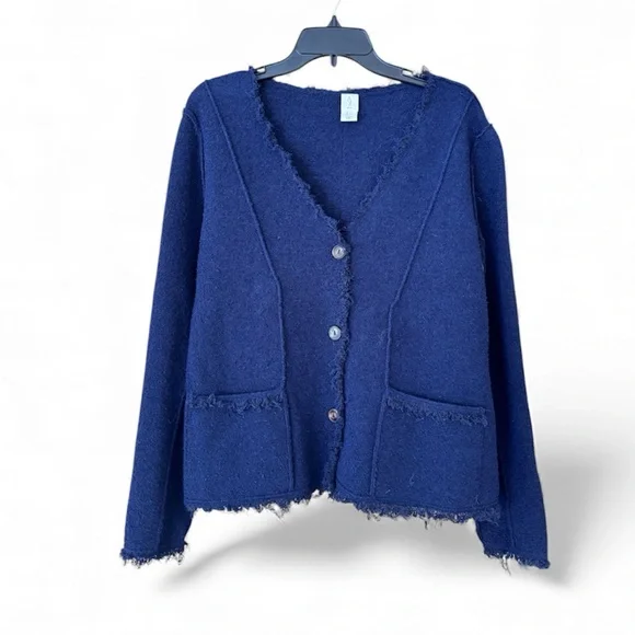 Joie Raw Edge Navy Blue Vneck Cardigan Sweater. Large. Button front. Pockets. - Picture 2 of 7